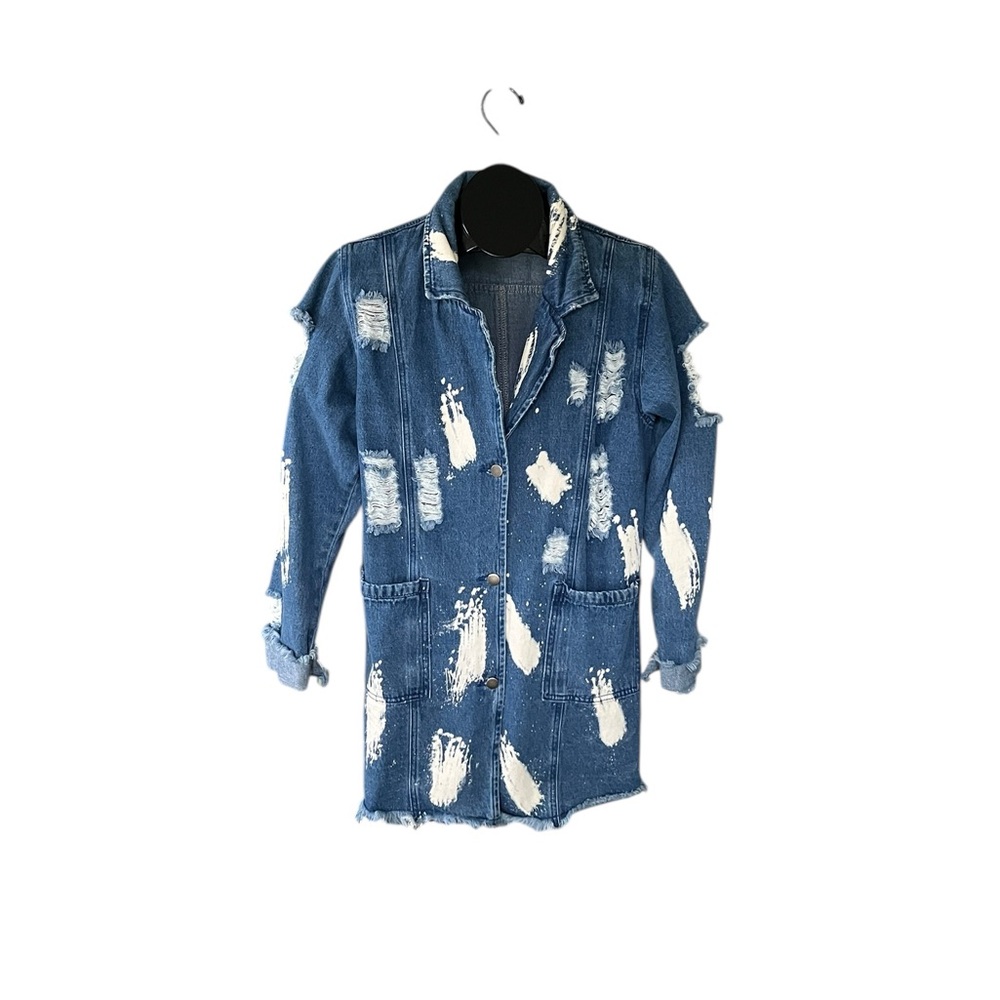 Fashion Nova distressed blue denim duster jacket with white paint splatters - Picture 7 of 13
